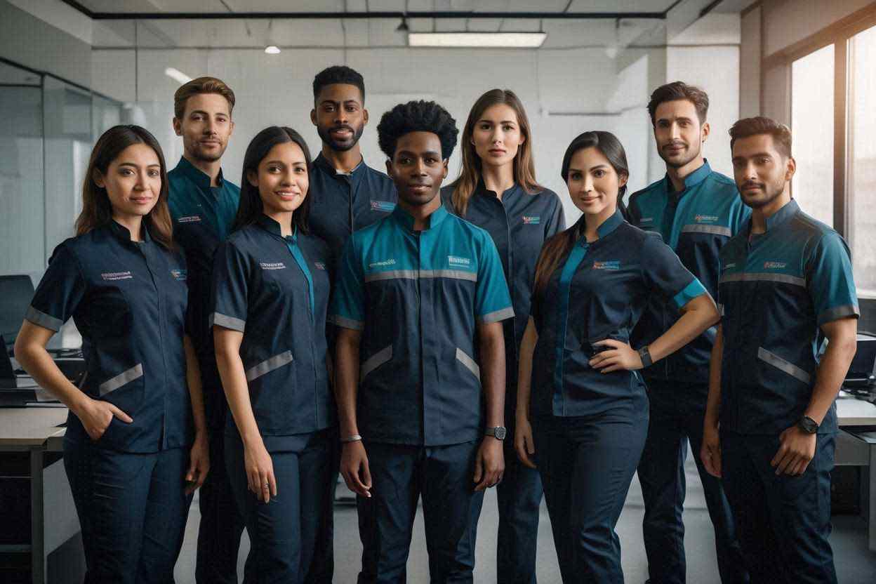 Karyawan mengenakan seragam kerja sesuai identitas perusahaan dengan logo dan warna khas perusahaan